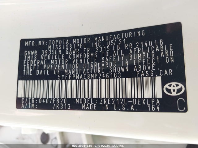 Toyota COROLLA LE 2021 5YFEPMAE8MP246163 Image 9