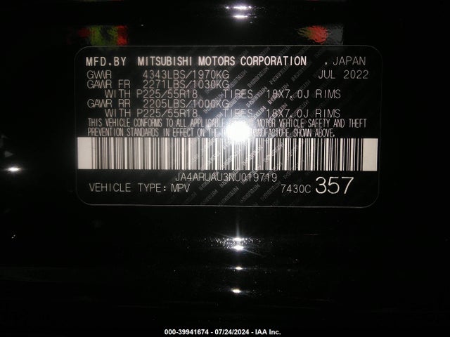 JA4ARUAU3NU019719 Mitsubishi Outlander Sport 2.0 Be Awc/2.0 Es Awc/2.0 Le Awc/2.0 Se Awc/2.0 Se Special Edition Awc