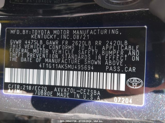 4T1G11AK5MU495694 Toyota Camry Se Nightshade Edition