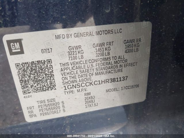 1GNSCCKC1HR381137 Chevrolet Tahoe Premier