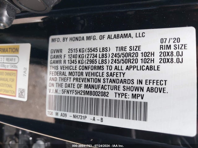 Honda Pilot 2wd Special Edition 2021 5FNYF5H29MB002082 Image 9