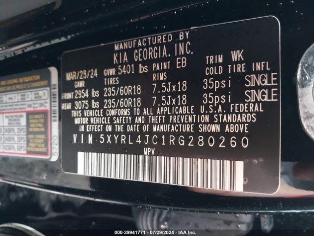 5XYRL4JC1RG280260 KIA SORENTO S