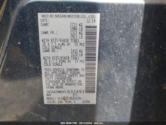 Nissan Pathfinder Sl 2015 5N1AR2MMXFC632493 Image 9