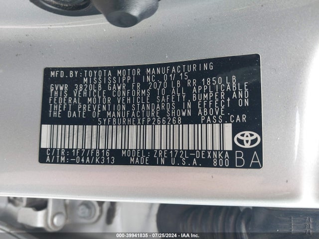 Toyota COROLLA LE 2015 5YFBURHEXFP266268 Image 9