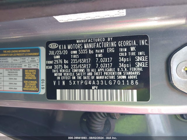 5XYPG4A33LG701186 KIA Sorento 2.4l Lx