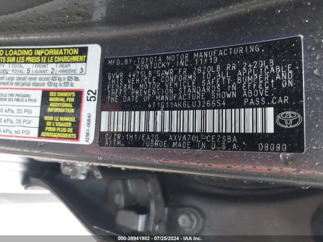 Toyota CAMRY SE 2020 4T1G11AK6LU326654 Image 9