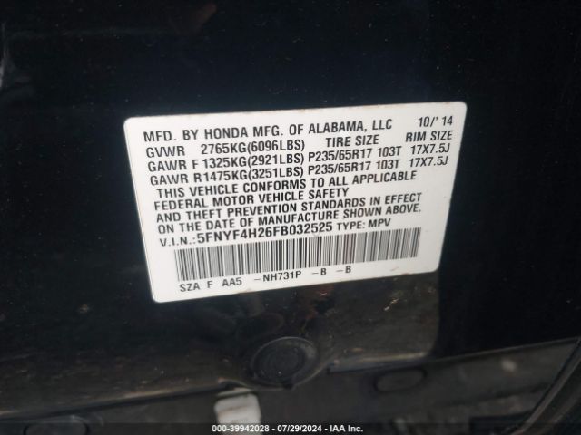 5FNYF4H26FB032525 Honda PILOT LX