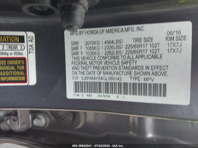 Honda CR-V EX 2016 5J6RM4H54GL089142 Image 9