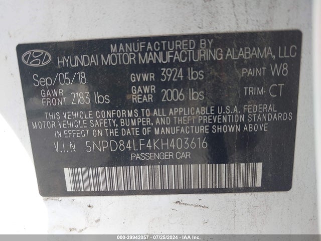 Hyundai ELANTRA SEL 2019 5NPD84LF4KH403616 Image 9