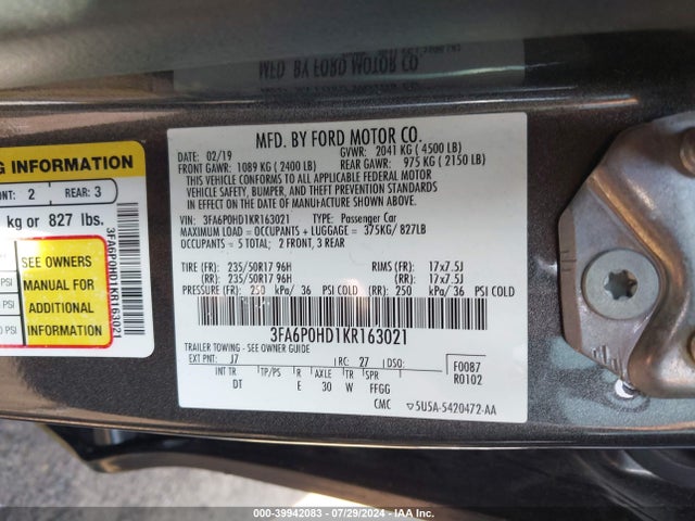 Ford FUSION SE 2019 3FA6P0HD1KR163021 Image 9