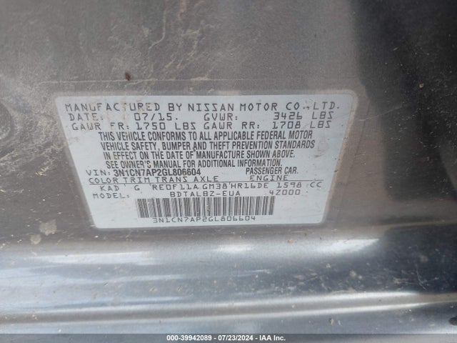 Nissan Versa 1.6 Sv 2016 3N1CN7AP2GL806604 Image 9