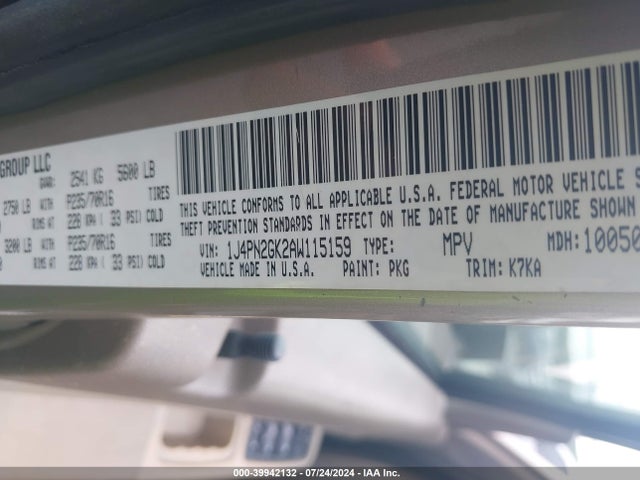 39942132 :رقم المزاد ، 1J4PN2GK2AW115159 vin ، 2010 Jeep Liberty Sport مزاد بيع