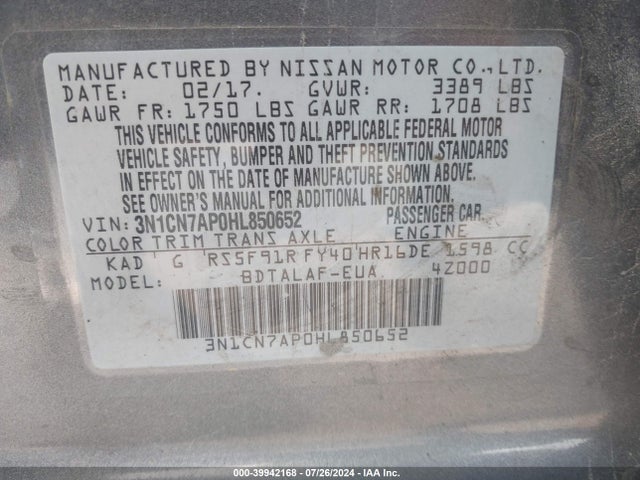 Nissan Versa 1.6 S 2017 3N1CN7AP0HL850652 Image 9
