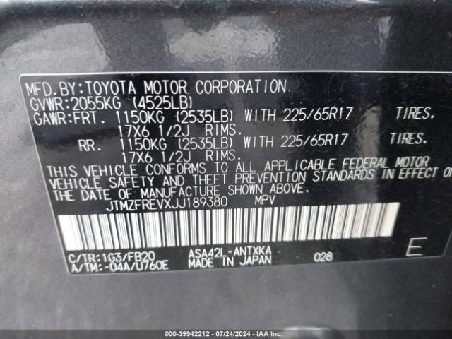 JTMZFREVXJJ189380 Toyota RAV4 LE