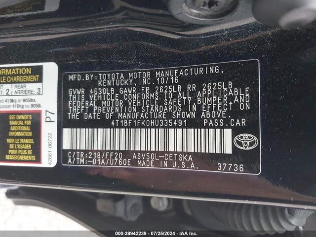 Toyota CAMRY SE 2017 4T1BF1FK0HU335491 Image 9