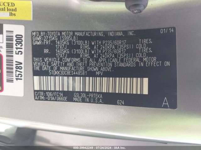 5TDKK3DC8ES448581 Toyota Sienna Le V6 8 Passenger