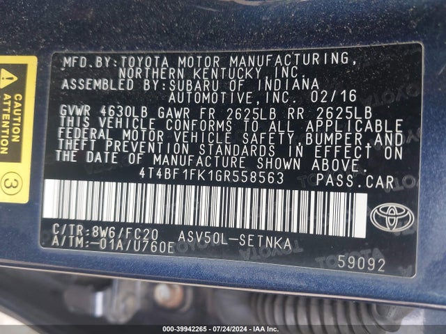 Toyota CAMRY LE 2016 4T4BF1FK1GR558563 Image 9