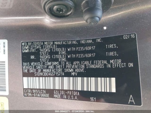 5TDYK3DC4GS715714 Toyota Sienna Xle 8 Passenger