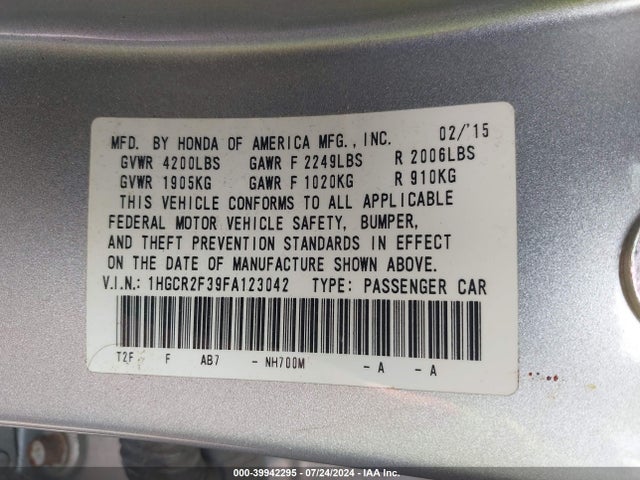 Honda ACCORD LX 2015 1HGCR2F39FA123042 Image 9