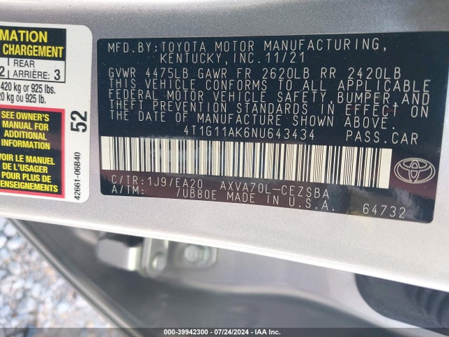Toyota CAMRY SE 2022 4T1G11AK6NU643434 Image 9