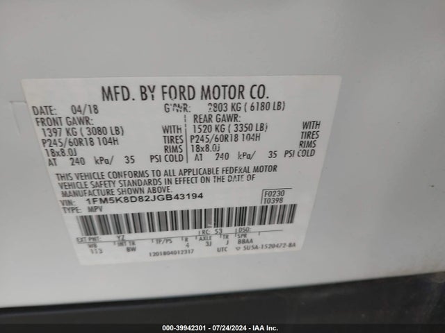 1FM5K8D82JGB43194 Ford EXPLORER XLT