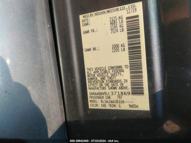 Nissan Maxima Sl Xtronic Cvt 2020 1N4AA6DV9LC371869 Image 9