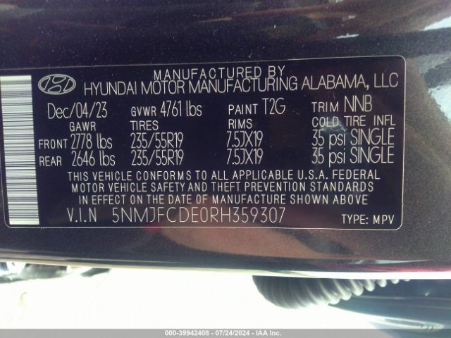5NMJFCDE0RH359307 Hyundai TUCSON SEL