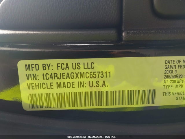 2021 Jeep Grand Cherokee Laredo X 4x2 მანქანა იყიდება აუქციონზე, vin: 1C4RJEAGXMC657311, აუქციონის ნომერი: 39942433