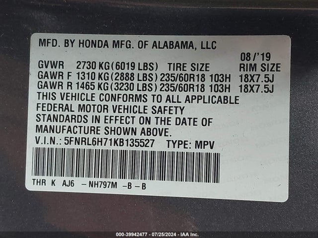 Honda Odyssey Ex-l 2019 5FNRL6H71KB135527 Image 9