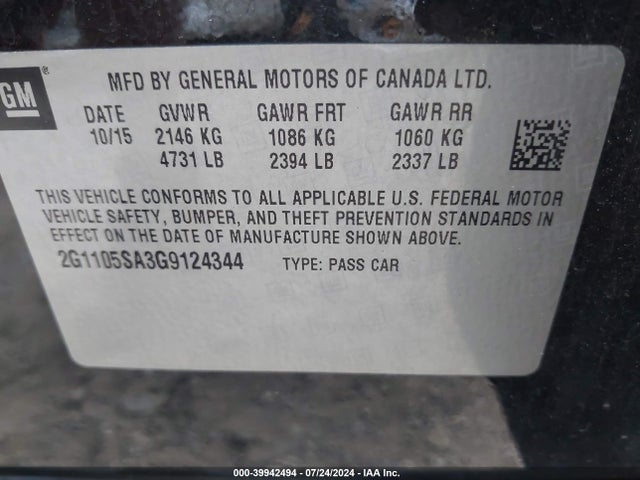 Chevrolet IMPALA 1LT 2016 2G1105SA3G9124344 Image 9
