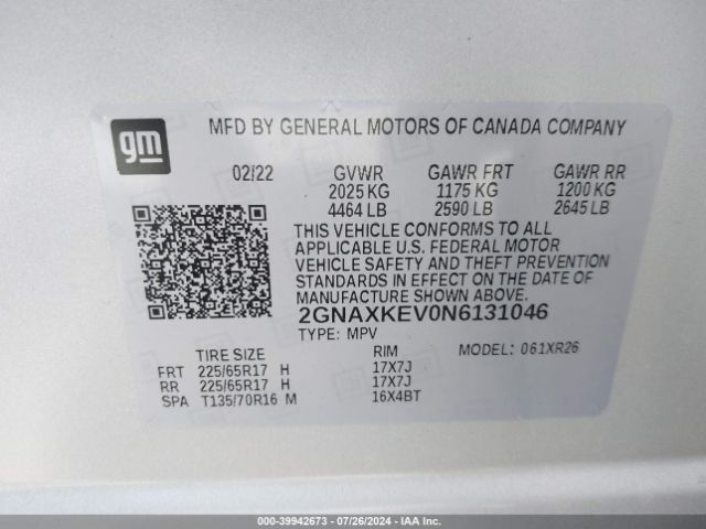 2GNAXKEV0N6131046 Chevrolet Equinox Fwd Lt
