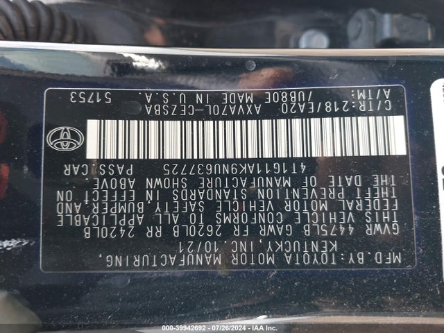 Toyota CAMRY SE 2022 4T1G11AK9NU637725 Image 9