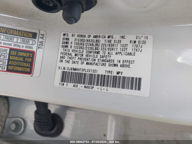 Honda Cr-v Ex-l 2015 5J6RM4H70FL031321 Image 9