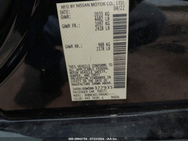 1N4BL4DW0NN377935 Nissan Altima Sv Intelligent Awd