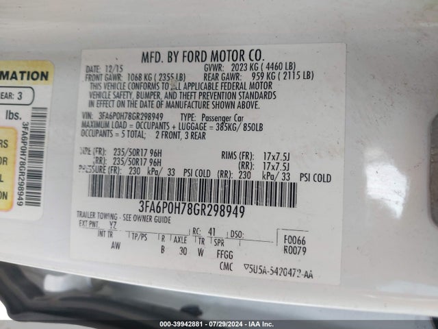 Ford FUSION SE 2016 3FA6P0H78GR298949 Image 9