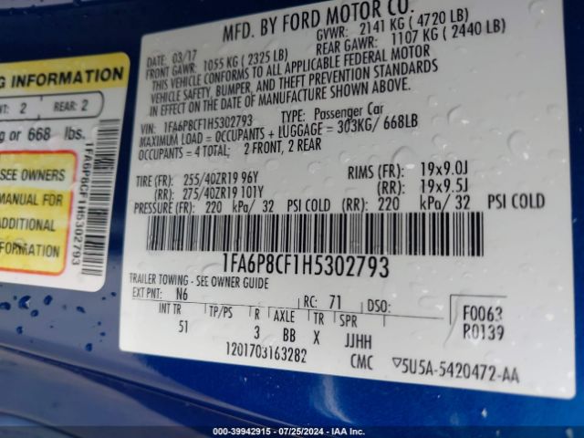 1FA6P8CF1H5302793 Ford Mustang Gt Premium