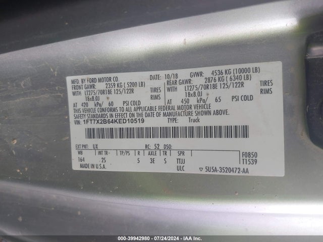 Ford F-250 Xlt 2019 1FT7X2B64KED10519 Image 9