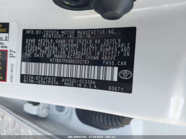 4T1BD1FK9HU202783 Toyota Camry Hybrid Se