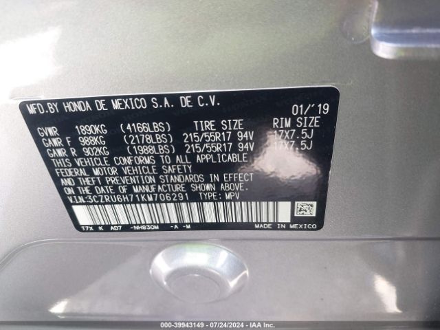 3CZRU6H71KM706291 Honda Hr-v Ex-l