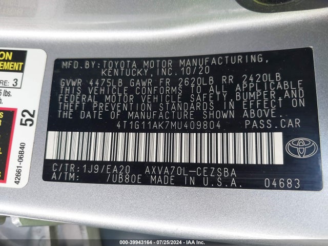 Toyota CAMRY SE 2021 4T1G11AK7MU409804 Image 9
