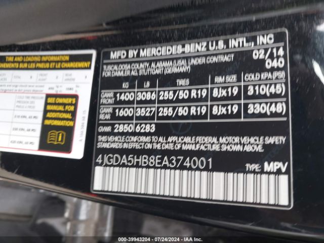 4JGDA5HB8EA374001 Mercedes-Benz Ml 350 4matic