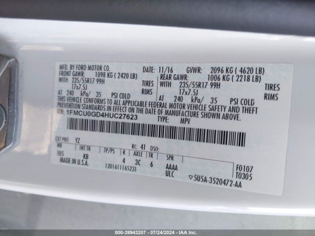 1FMCU0GD4HUC27623 Ford ESCAPE SE