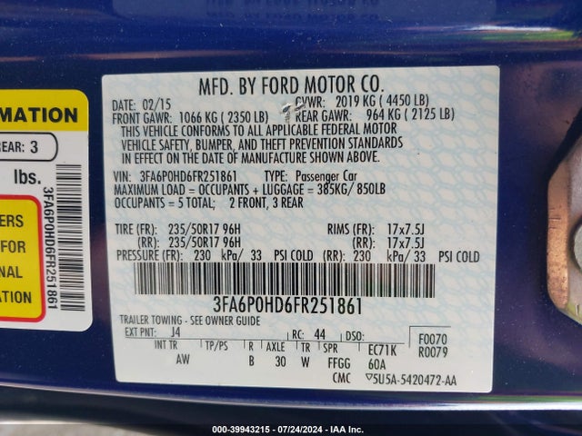 Ford FUSION SE 2015 3FA6P0HD6FR251861 Image 9