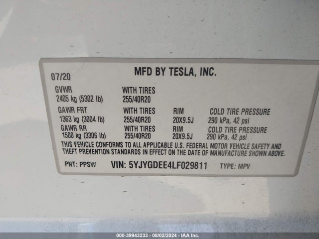 2020 TESLA MODEL Y 5YJYGDEE4LF029811 Photo 8