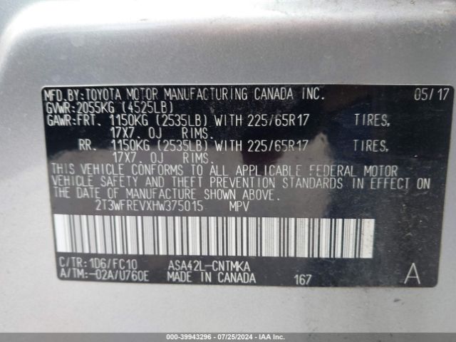 2T3WFREVXHW375015 Toyota Rav4 Xle