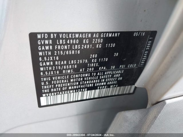 WVGBV7AX0GW612748 Volkswagen TIGUAN S
