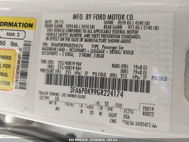 Ford Fusion Titanium 2016 3FA6P0K99GR224174 Image 9