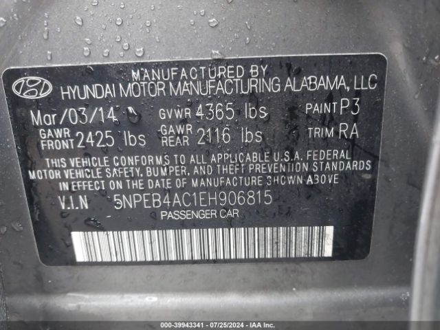 5NPEB4AC1EH906815 Hyundai SONATA GLS