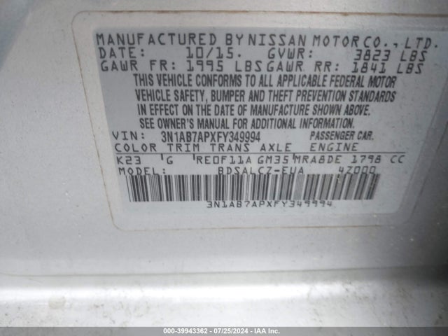 Nissan SENTRA S 2015 3N1AB7APXFY349994 Image 9