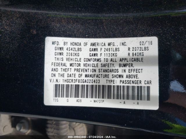 1HGCR3F80GA020403 Honda Accord Ex-l V-6